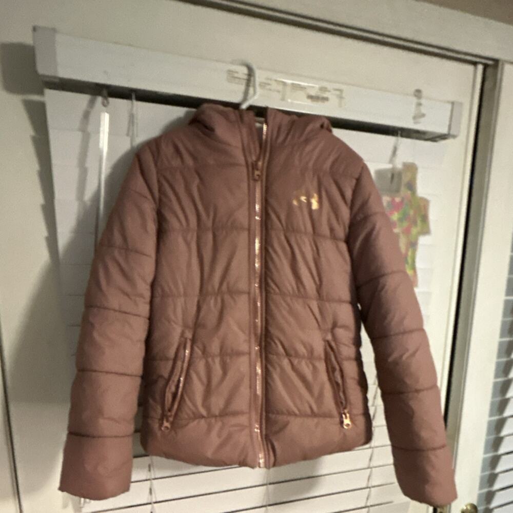 Under Armour Pink Puffer Jacket Hooded Girls YSM Zip Polyes